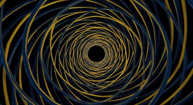 青と金の渦巻きトンネル 深遠な闇へ吸い込まれる錯覚