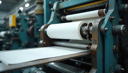 Printing press machine in print production factory. Papers roll through conveyor belt. Equipment in operation, workflow in printing house. Manufacturing technology, automation for fast, efficient