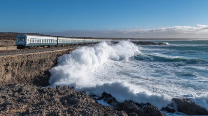 Train Gliding Along Rocky Coastline with Crashing Waves