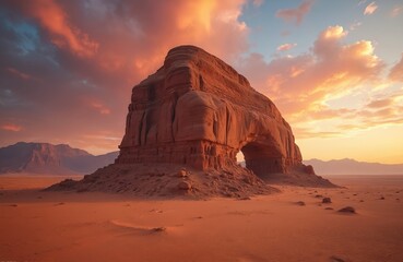 Elephant Rock formation at sunset in Al Ula desert. Dramatic sky with vibrant colors. Saudi Arabia landmark. Unique geological structure. Travel to ancient arab country.