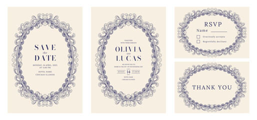 A set of vintage elegant wedding invitation card templates with beautiful vintage frames. Vector illustration.