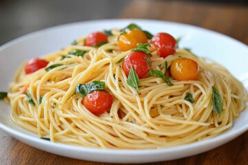 Delicious spaghetti with cherry tomatoes and basil on a white plate. Great for food blogs, recipes, or restaurant menu designs.