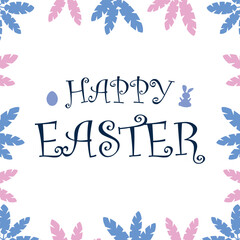 Vector Easter Card. Happy Easter blue pink vector minimalistic card with eggs and tiny Easter bunny on white background. Happy Easter poster.