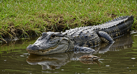 Obraz premium American Alligator lurking near a pond, a stealthy predator of the wetlands