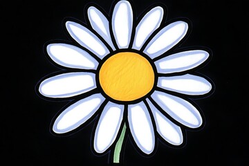 A simple daisy illustration is centered against a black background