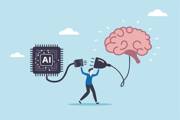 AI machine learning, neural network technology or human to work together with AI artificial intelligence, innovation technology concept, businessman connect human brain with AI chip processing unit.