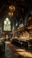 Obraz premium Historical Gothic Bar Interior: Cozy Vintage Architecture with Rustic Charm and Elegant Decoration
