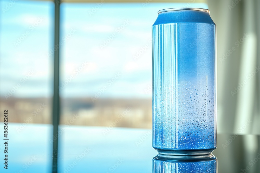 Poster a refreshing blue soda can with condensation, standing on a reflective surface with a blurred backgr