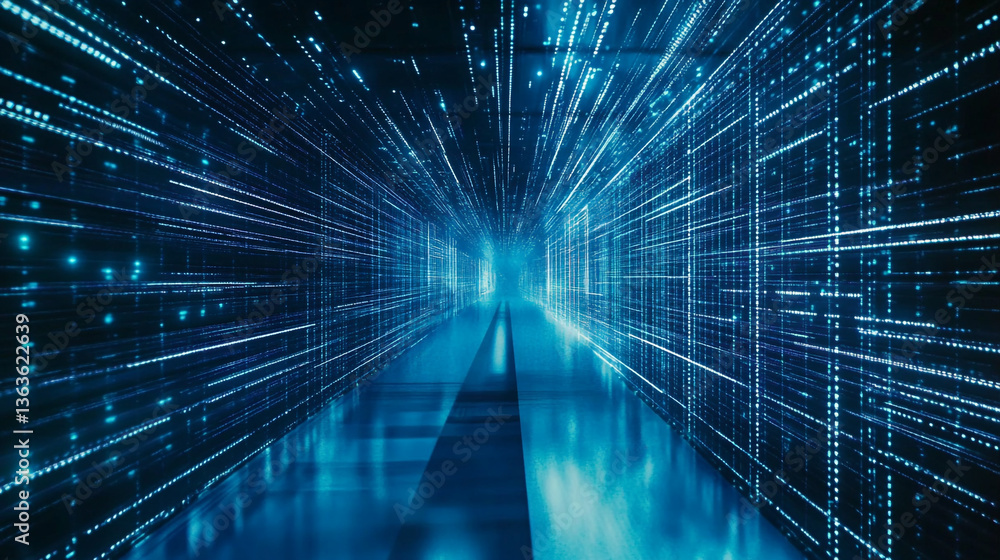Poster a digital tunnel with blue light streaks and geometric shapes creating a futuristic atmosphere