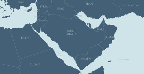 Obraz premium The map shows the borders of Israel, Iran, Syria, Jordan, Iraq, Iraq, Red Sea and Arabian Sea. Drawing map with Arab countries for infographics. Arab countries on the map.