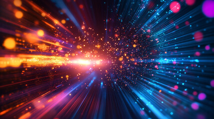 Fototapeta premium Abstract background featuring a dynamic display of vibrant lights and motion blur effects creating depth