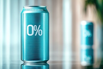 Fototapeta premium A turquoise 0% beverage can on a reflective surface, with a second can blurred in the background, against a neutral backdrop, promoting healthy lifestyle choices.