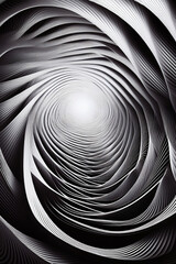 Espiral abstracta creada por bandas de luz blanca y sombras profundas, generando ilusión 3D en fondo negro