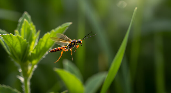 Ichneumon wasp flying gracefully among lush green foliage in natural habitat