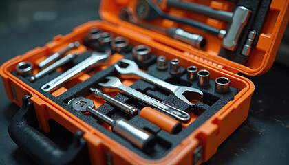 Organized set professional tools inside compact orange toolbox. Precision instruments for mechanical work, maintenance, repair. Automotive, construction, DIY projects, garages, auto repair shops.
