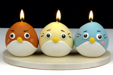 Three Bird Shaped Candles Burn Brightly on a Round Tray