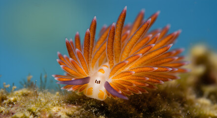 Vibrant nudibranch with orange cerata and intricate details underwater habitat