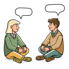 Man and woman in sitting pose talking. Conversation persons with speech bubbles. Dialogue people.