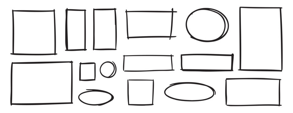 doodle geometric grunge frame set, hand drawn marker pen line strokes. square, circle, rectangle and oval ellipse borders design elements