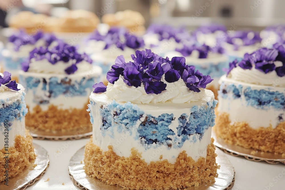 Poster an array of delightful, frosted cakes adorned with delicate purple flowers, displayed on a shimmerin
