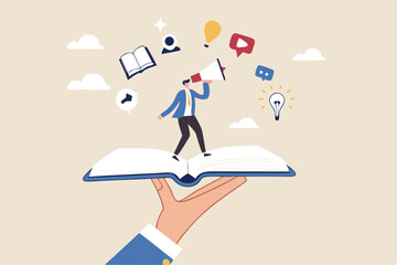 Storytelling communicate brand story or idea to listener, narrative message, content or article writing or advertising creativity concept, young man on opening book telling story on megaphone. © Sector30