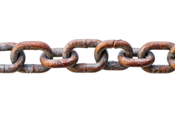 Rusty metal chain links on black background in horizontal orientation, cut out