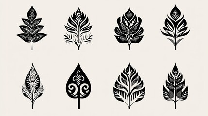 Fototapeta premium Eight ornate black leaf designs, isolated on white background; for textile, print, or web design