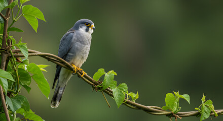 Peregrine falcon resting on a tropical vine with lush green foliage backdrop