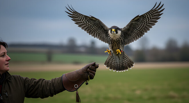 Peregrine Falcon Returns to Falconer During Training Session in Open Landscape