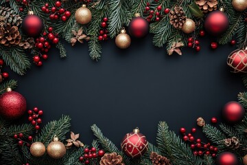 Fototapeta premium Festive border: pine branches, ornaments, berries and pinecones on dark background. Perfect for Christmas cards, invitations, or holiday themed social media posts.