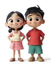 Cartoon Girl and Boy Smiling Together Standing Isolated on White Background