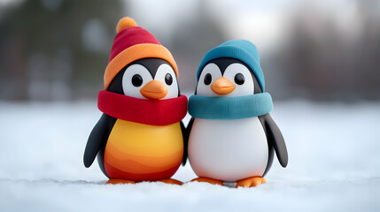 Two Adorable Penguins in Winter Hats and Scarves on Snowy Ground