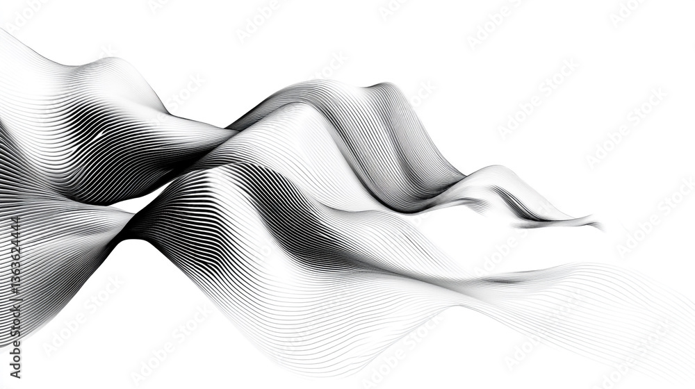 Poster abstract waves formed by black lines on a white background creating a flowing and dynamic compositio