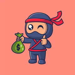 Cute ninja holding moneybag cartoon icon illustration	