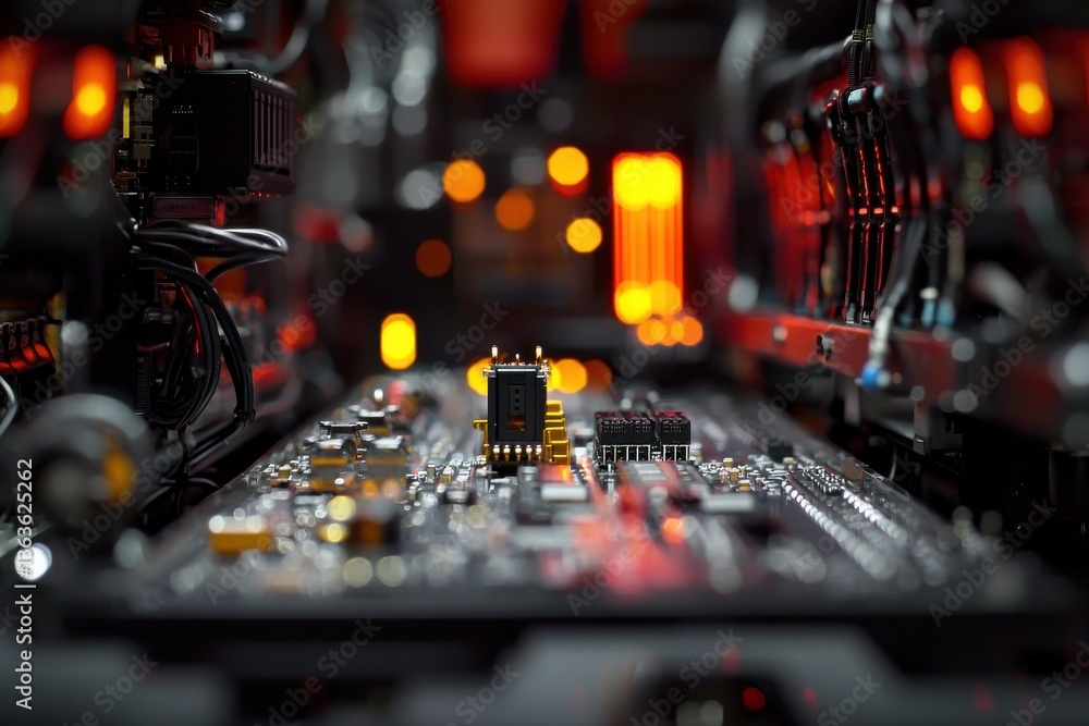 Poster a complex computer motherboard with intricate circuitry, illuminated by red and orange lights, repre