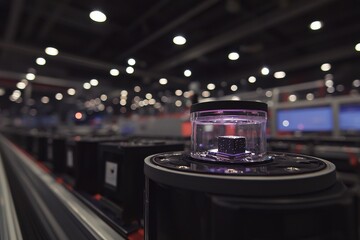 A cutting-edge quantum computing chip prototype showcased under protective glass, illuminated with purple light in a high-tech laboratory setting on display