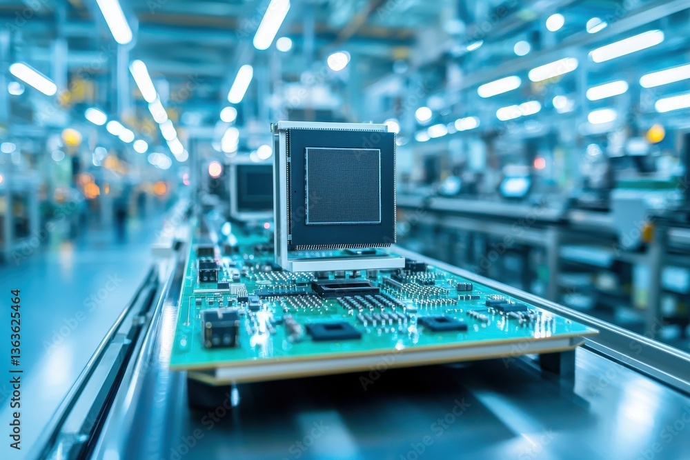 Poster a close-up of a modern computer motherboard with microchips on the assembly line, illuminated by bri