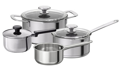 Group of empty stainless steel kitchenware on white background.