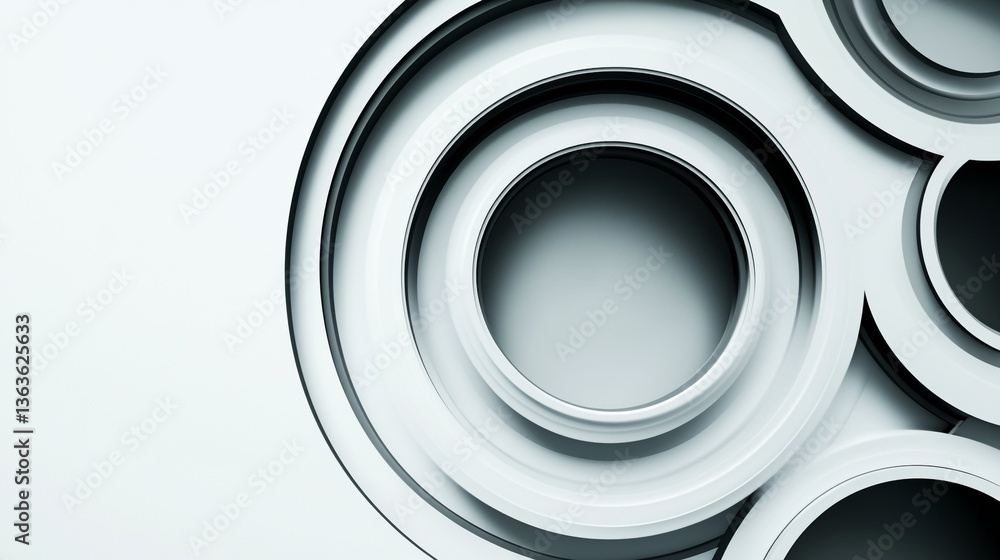 Poster abstract design featuring concentric circles in shades of white and gray on a light background