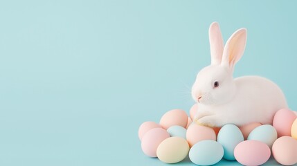 Fototapeta premium Adorable White Easter Bunny Resting on Pastel Eggs Spring Holiday Image