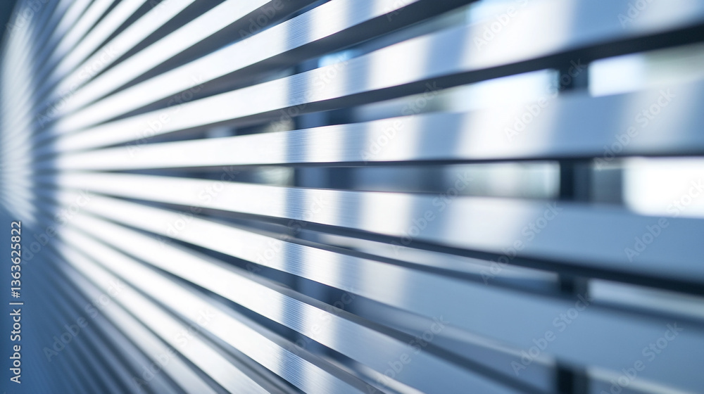 Poster a close up perspective of parallel metal slats creating a pattern of light and shadow on wall