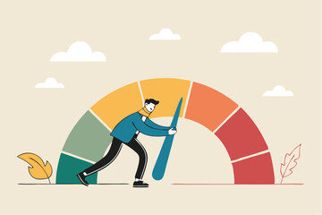 Push skill level, credit score or increase performance, improvement or effort to be better, excellent customer feedback review, gauge scale rating concept, businessman pushing skill performance gauge.