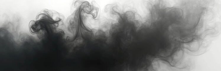 Abstract layers black fog smoke on white background. Dynamic design with swirling forms, ink effect. Thick cloudy mist, smoky texture for wallpaper, graphic design, marketing.