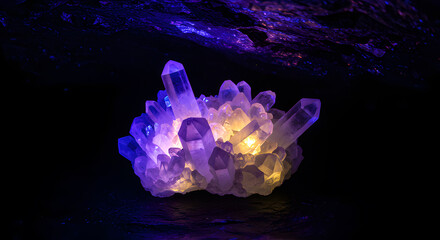 Radiant crystal cluster illuminated by UV light in an underground cave setting