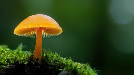    a tiny orange mushroom on a moss-covered surface with a softly blurred background is shown