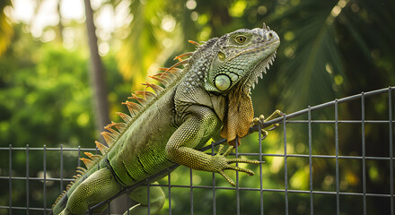 Obraz premium Iguana climbing on a wire mesh fence basking in natural sunlight amidst green foliage