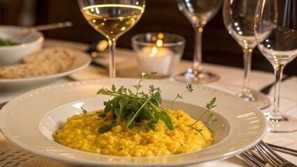 creamy saffron risotto, garnished with vibrant green herbs and surrounded by elegant wine glasses and a soft, warm light
