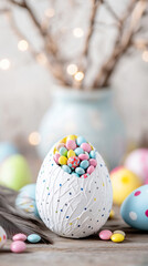 Fototapeta premium Colorful easter egg filled with candies on a festive spring background