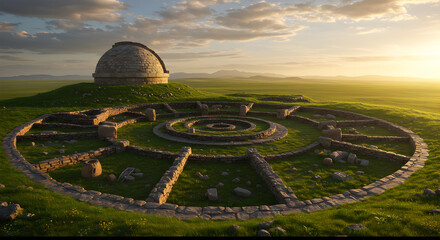 Ancient astronomical observatory ruins amidst verdant grasslands at twilight