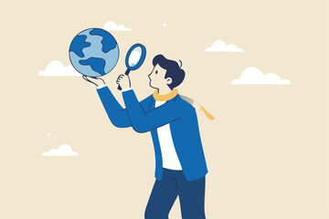 Global world economic analysis, international work opportunity, oversea research or investment country risk, region or foreign career searching concept, businessman analyze global world business.